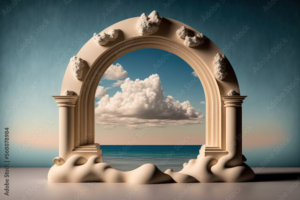 With a soft cloud and an arch frame, the natural beauty podium backdrop enhances the display of products. Generative AI