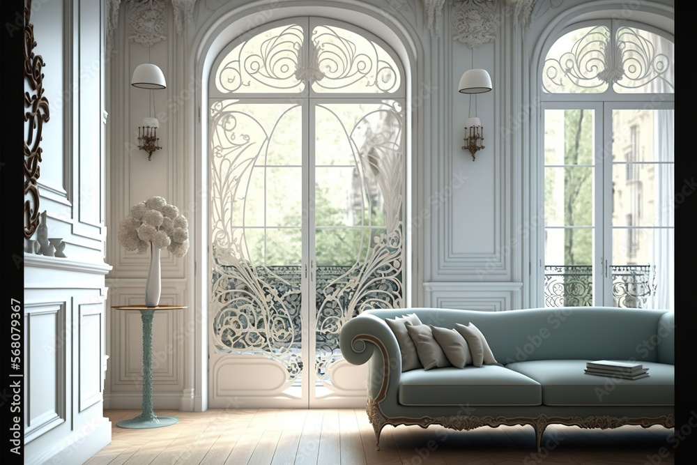 Paris art nouveau living room with tall patio door, Generative AI