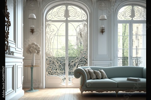 Obraz na płótnie Paris art nouveau living room with tall patio door, Generative AI w salonie