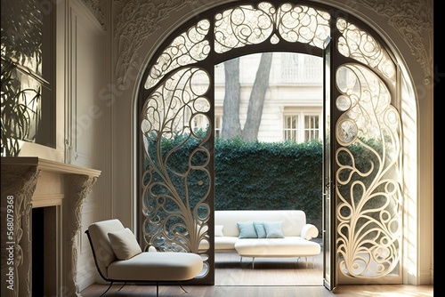 Paris art nouveau living room with tall patio door, Generative AI