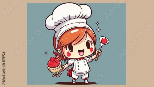 Cute chibi cook girl picture. Cartoon happy drawn characters  photo