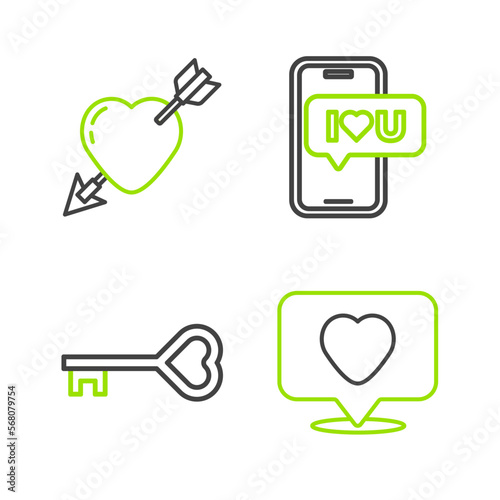 Set line Like and heart, Key in shape, Mobile with and Amour arrow icon. Vector