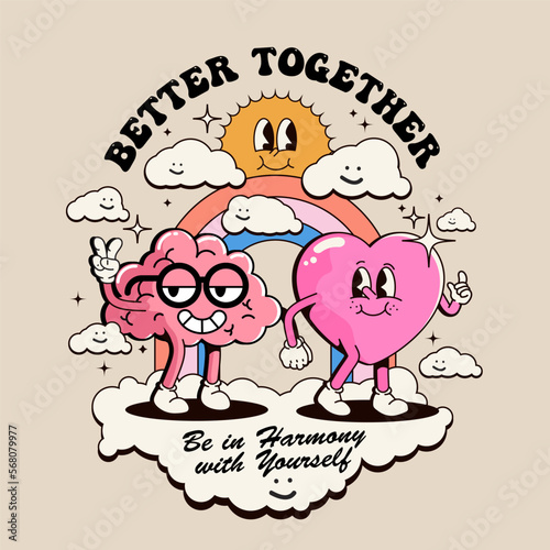 Emotions and intelligence harmony or inner balance concept with funny cartoon characters of heart and brain walk holding hands isolated on light background for poster or card or t-shirt print design