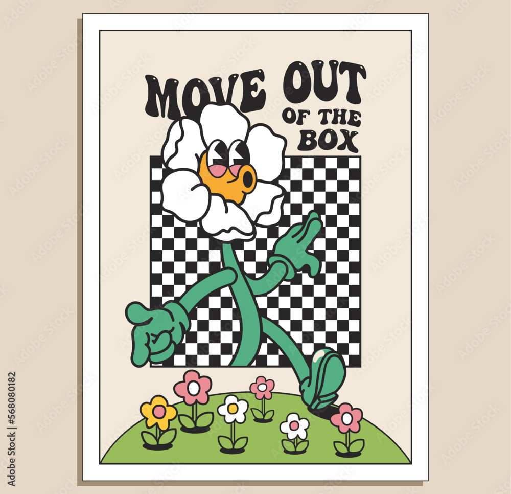 Groove retro styled motivation poster or t-shirt design template with funny flower character moving out of the box on light background. Vector illustration - obrazy, fototapety, plakaty 
