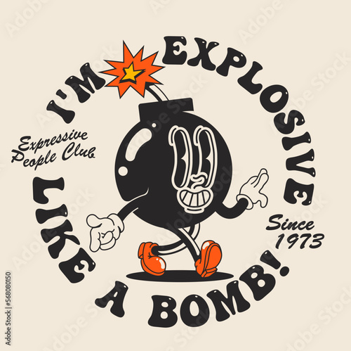 Funny walking cartoon bomb mascot in retro style with typographic composition isolated on light background for t-shirt print or poster design. Vector illustration photo