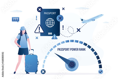 Restrictions for citizens of some countries, low global passport power rank. Falsification of id cards. Denied or wrong passport, citizenship. Unhappy woman tourist holds luggage