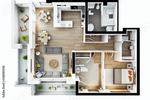 Apartment floor plan top view isolated on white - generative AI photo