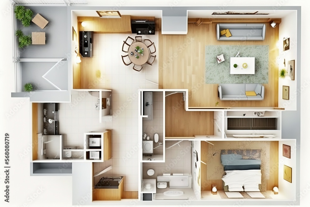 Apartment floor plan top view isolated on white - generative AI Apartment floor plan top view isolated on white - generative AI