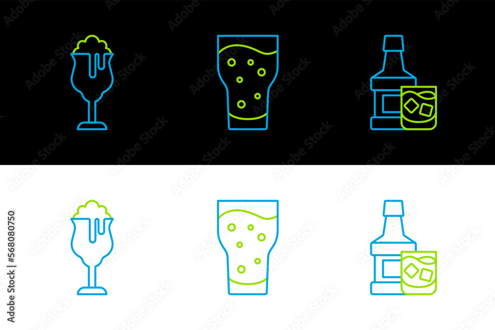 Set line Whiskey bottle and glass, Glass of beer and icon. Vector Set line Whiskey bottle and glass, Glass of beer and icon. Vector