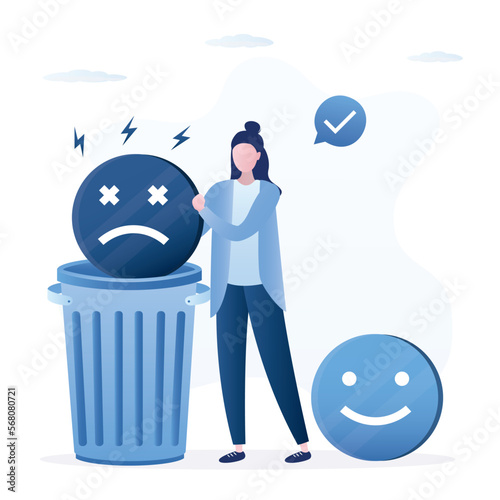 Business woman throws negative emotions out into trash can. Positive thinking. New ideas. Good mood. Order in thoughts and head, mental health. Creativity to solve problems.