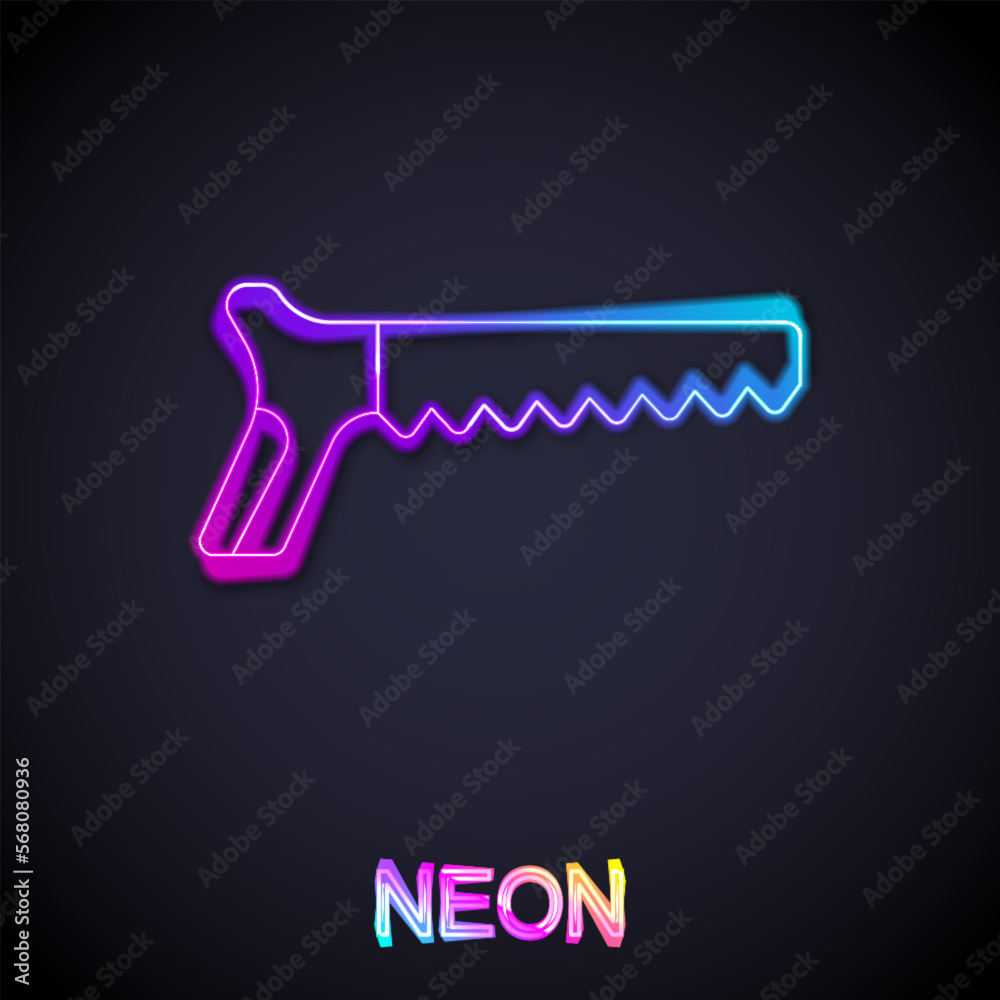 Glowing neon line Hand saw icon isolated on black background. Vector Glowing neon line Hand saw icon isolated on black background. Vector