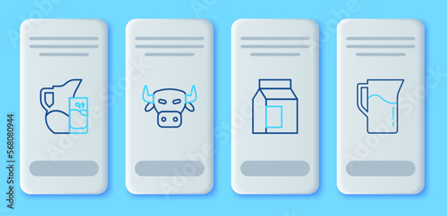 Set line Cow head, Paper package for milk, Milk jug pitcher and glass and icon. Vector