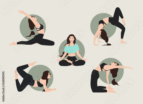 Set with sporty girl doing yoga and fitness at home. Healthy lifestyle. Collection of female cartoon characters demonstrating various yoga positions. A girl who exudes peace and serenity. Balance.