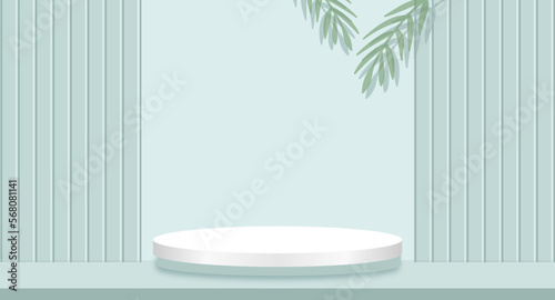 Green mint podium display 3d rendering with green leaves vector minimal pastel product backdrop.