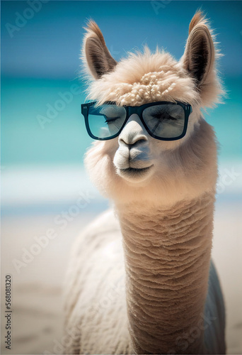 Portrait of Alpaca in sunglasses at the resort. AI generated
