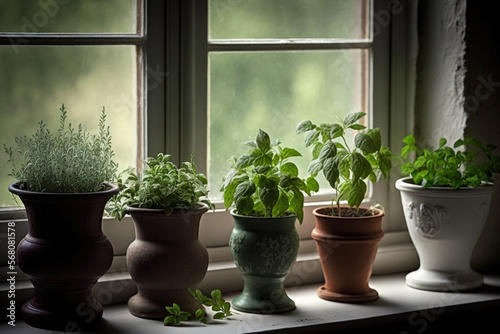 Various fragrant potted plants inside on a windowsill. Generative AI