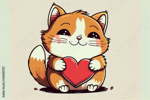 Cute cat holding a heart in its paws - postcard for Valentine's Dayt. AI generated photo