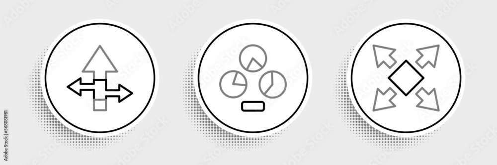 Set line Many ways directional arrow, Arrow and Pie chart infographic icon. Vector Set line Many ways directional arrow, Arrow and Pie chart infographic icon. Vector