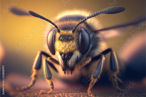 A bee collects nectar on a flower. AI generated.