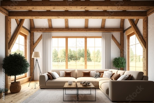 cozy warm home interior of a chic country chalet with a huge panoramic window overlooking the winter forest. open plan, wood decoration, warm colors and a family hearth. Generative AI © losmostachos
