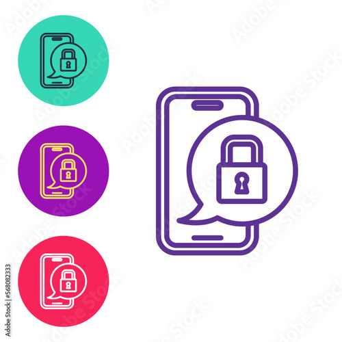 Set line Smartphone with closed padlock icon isolated on white background. Phone with lock. Mobile security, safety, protection concept. Set icons colorful. Vector © Iryna