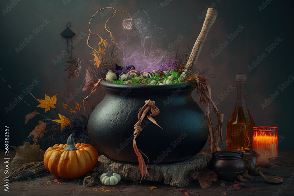 Witch's cauldron with ritual potion and magic elements on a gloomy ...