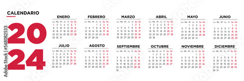 Calendario 2024 español. Semana comienza el lunes. Diseño horizontal minimalista