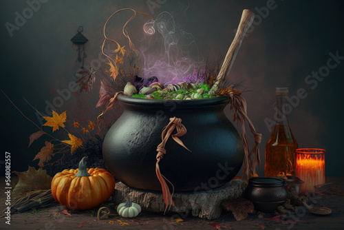 Witch's cauldron with ritual potion and magic elements on a gloomy background. happy spooky day. Generative AI