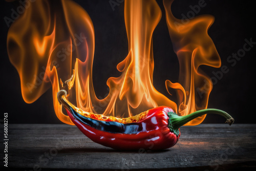 On a dark table, a fiery red chili pepper. There is backdrop fire. Photo. Generative AI