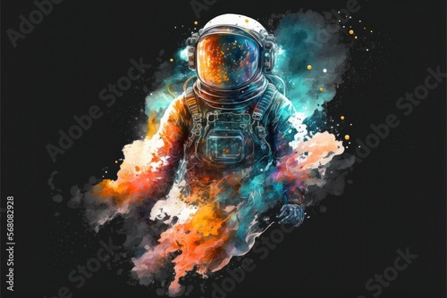 Astronaut in space with nebulae painted with multicolored watercolor splatters