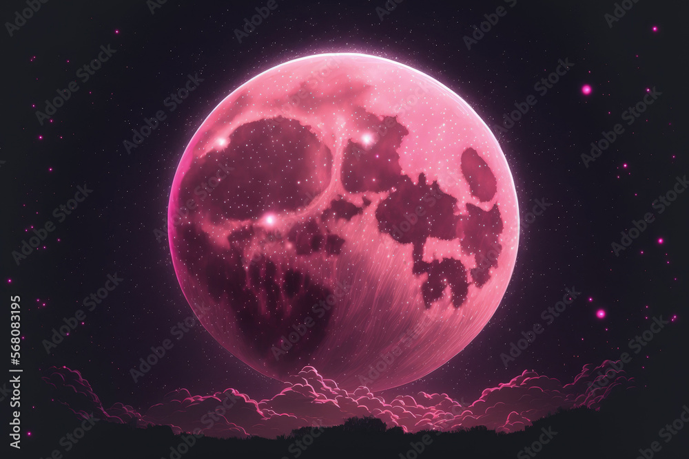 Pink full super moon with stars surrounding it and a pink halo in the ...