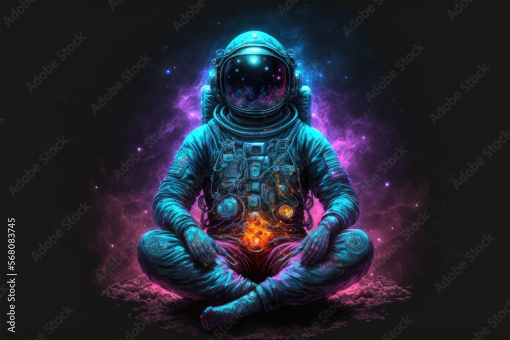 Fototapeta premium An esoteric spiritual yogi astronaut in the lotus position in meditation in the midst of colorful nebulae. Mystical fantasy mood