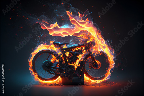 Electric bicycle catching fire due to an overheated faulty lithium battery failure on the bike which can be a safety hazard to an e-bike commuter user, computer Generative AI stock illustration