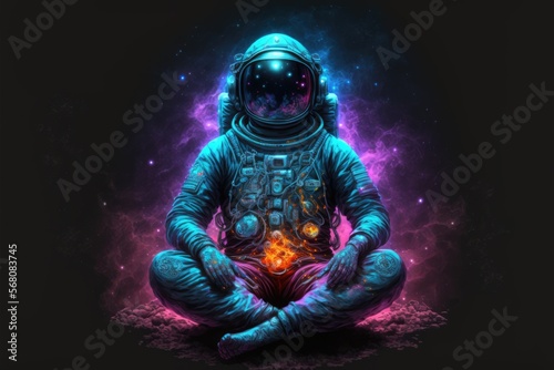 An esoteric spiritual yogi astronaut in the lotus position in meditation in the midst of colorful nebulae. Mystical fantasy mood