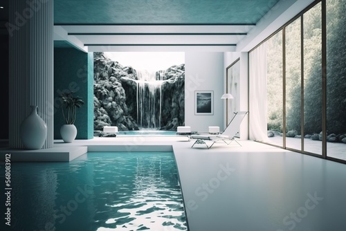 Modern indoor pool with waterfall in SPA at luxury zen hotel - Generative AI