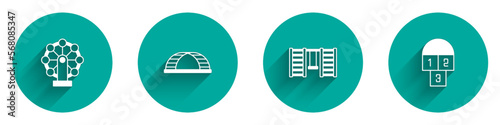 Set Ferris wheel, Monkey bar, Swedish wall and Hopscotch icon with long shadow. Vector
