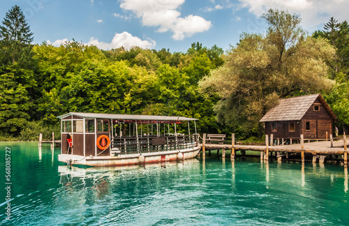 Berth at Plitvice Lakes with clean water and sunny day. 
