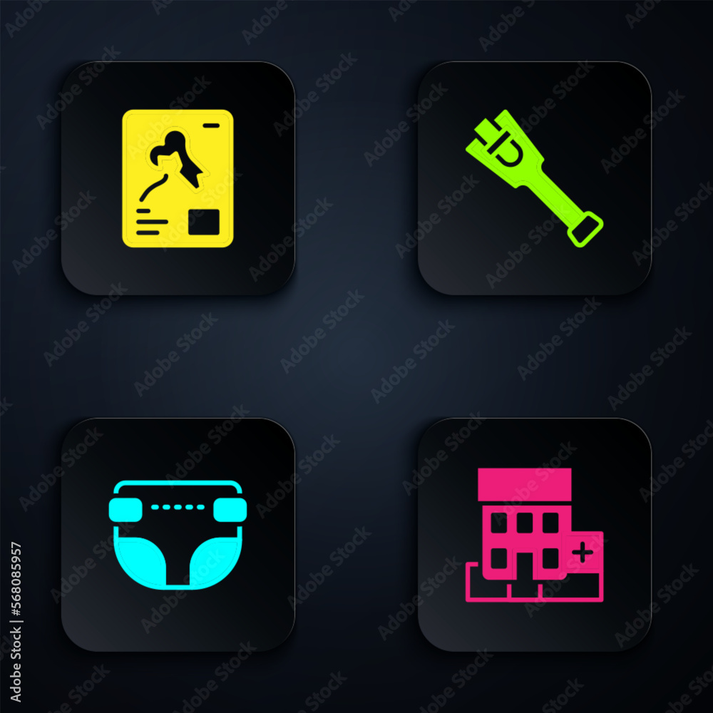Set Medical hospital building, X-ray shots, Adult diaper and Prosthesis leg. Black square button. Vector Set Medical hospital building, X-ray shots, Adult diaper and Prosthesis leg. Black square button. Vector