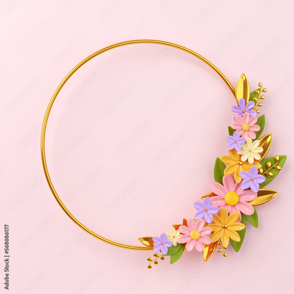 3d festive background with flowers and leaves on a golden ring for mother's day or women's day.