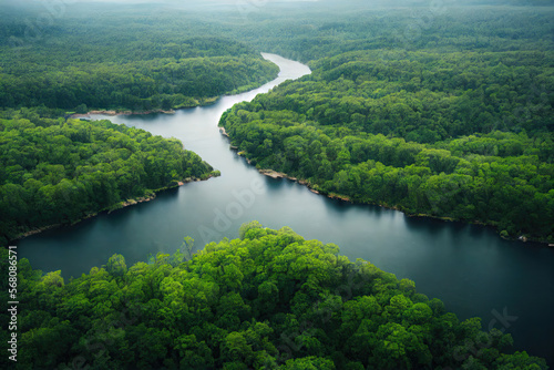 Lush rainforest and rivers in summer, rainforest covered by green trees, beautiful tropical vista landscape, similar to Amazon rainforest, Congo, Southeast Asia, and other regions, generate ai. photo