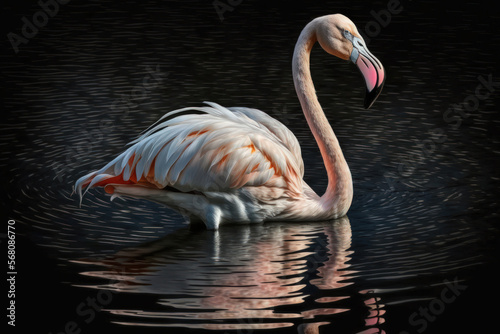 Phoenicopterus ruber, a gorgeous pink, large bird with a long neck swimming in deep blue water during the dusk, Molentargius Saline, a wild species from Europe, is found in Sardinia. Flamingos and ani