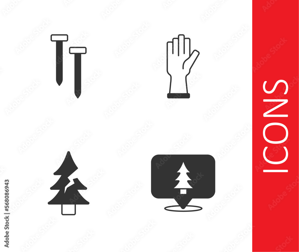 Set Location of the forest, Metallic nails, Tree and Protective gloves icon. Vector