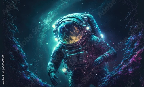 An astronaut travels through deep space in the midst of stunning, colorful nebulae. A mystical esoteric mood  © Аrtranq