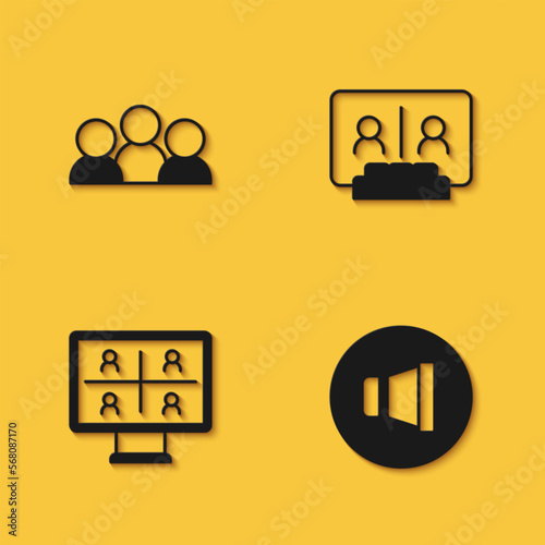 Set Meeting, Speaker volume, Video chat conference and icon with long shadow. Vector