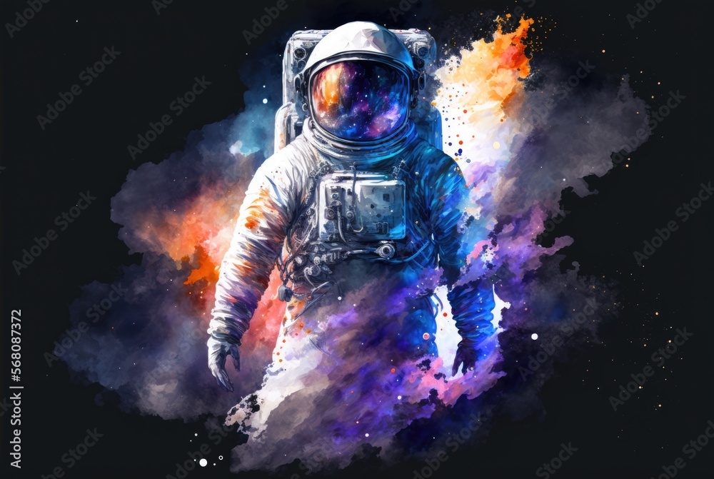 Astronaut in space with nebulae painted with multicolored watercolor splatters