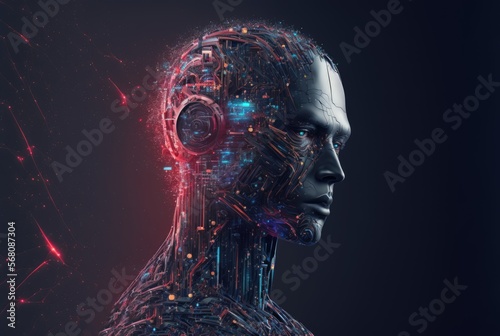 Big Data and Artificial Intelligence. The concept of machine learning in a male cybernetic head 