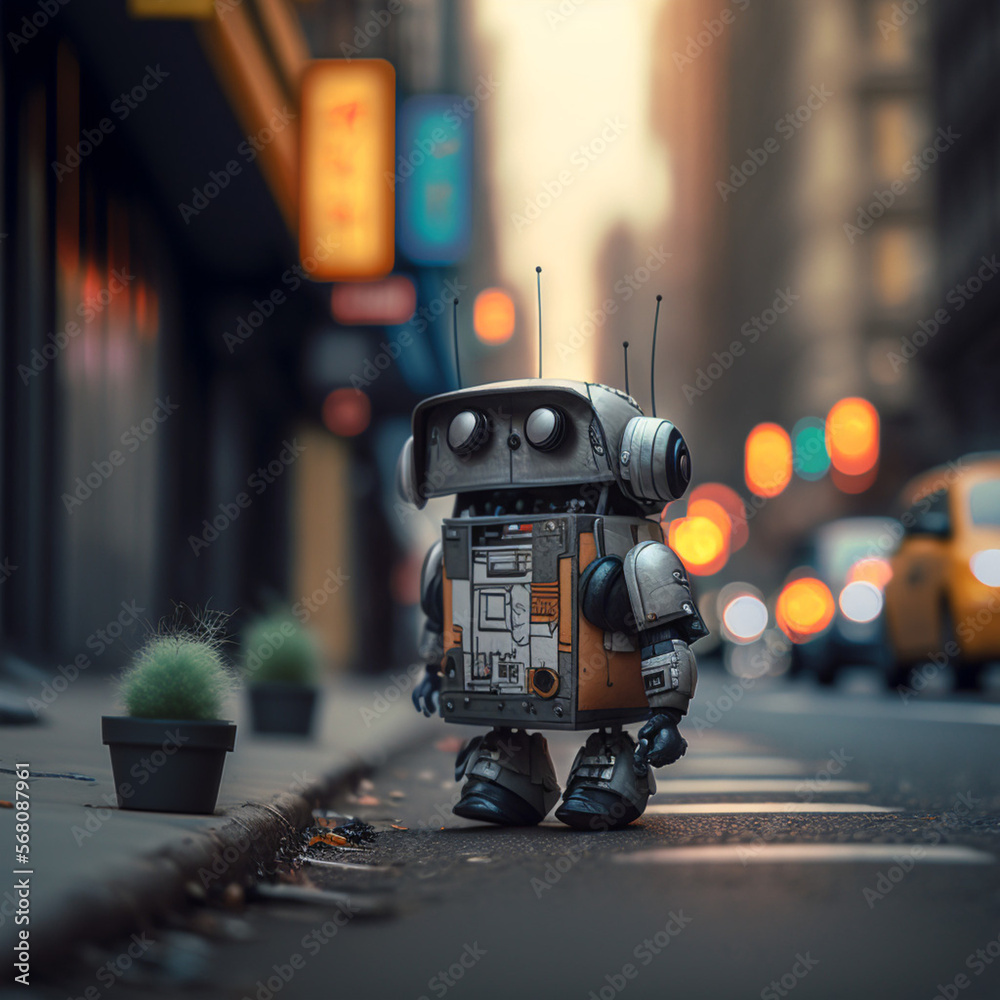 Mini robot in the city. Generative AI. Mini robot in the city. Generative AI.