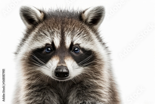 Raccoon portrait, closeup and isolated on a white backdrop. Generative AI