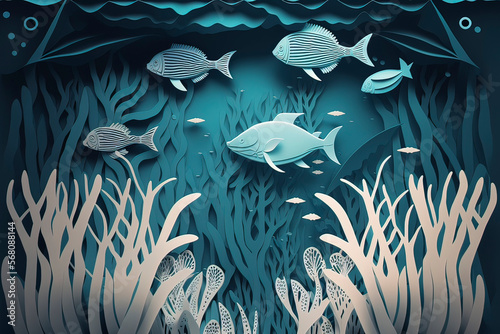 Abstract blue underwater world with fish, algae, corals, sea waves, paper cut background. AI