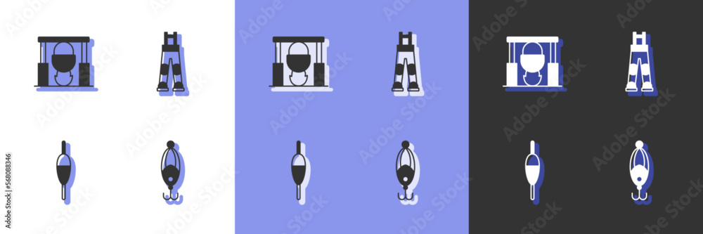 Set Fishing lure, Campfire and pot, float and Fisherman pants icon. Vector Set Fishing lure, Campfire and pot, float and Fisherman pants icon. Vector